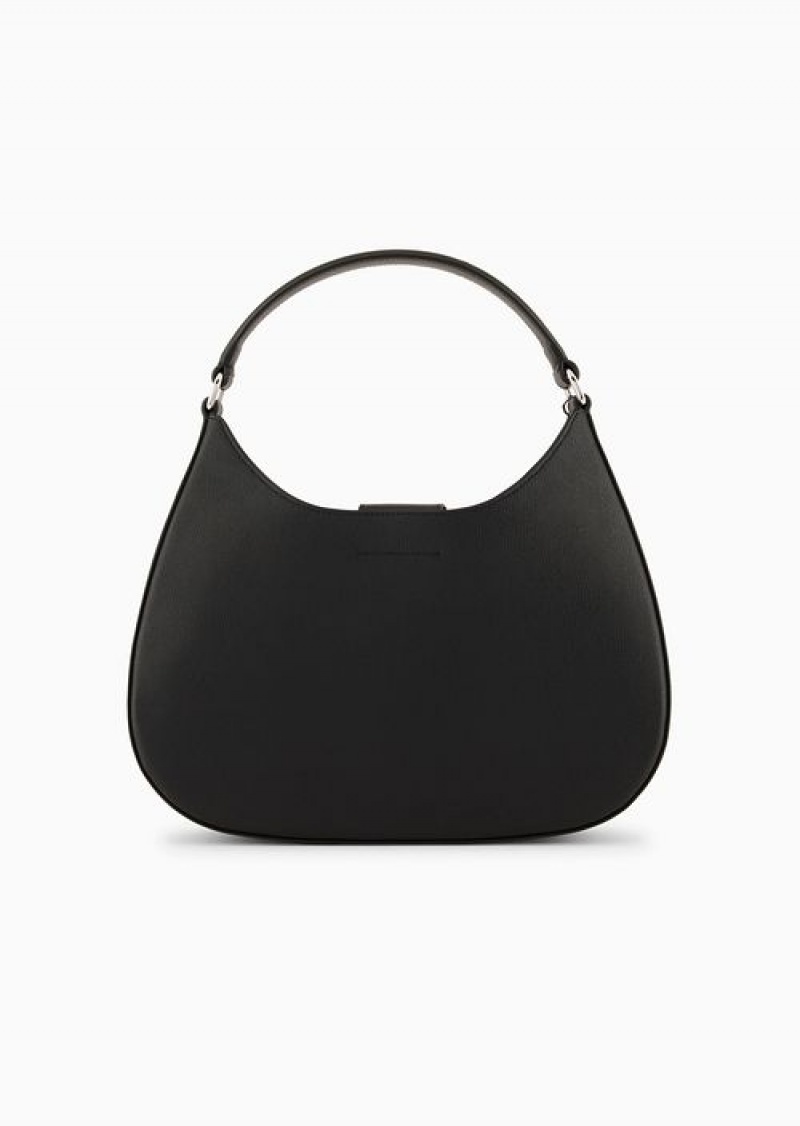 Black Emporio Armani Armani Sustainability Values Micro-grain Recycled Leather Hobo Bag | EA-SN57383