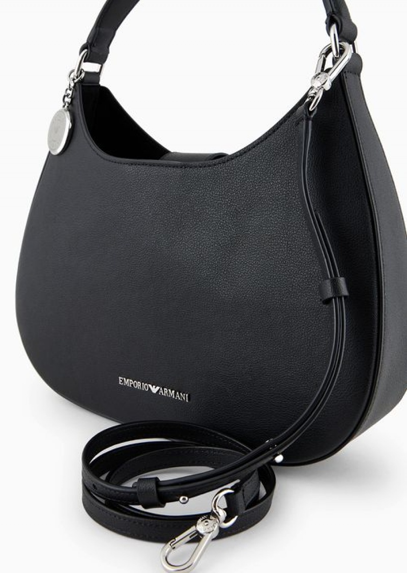 Black Emporio Armani Armani Sustainability Values Micro-grain Recycled Leather Hobo Bag | EA-SN57383