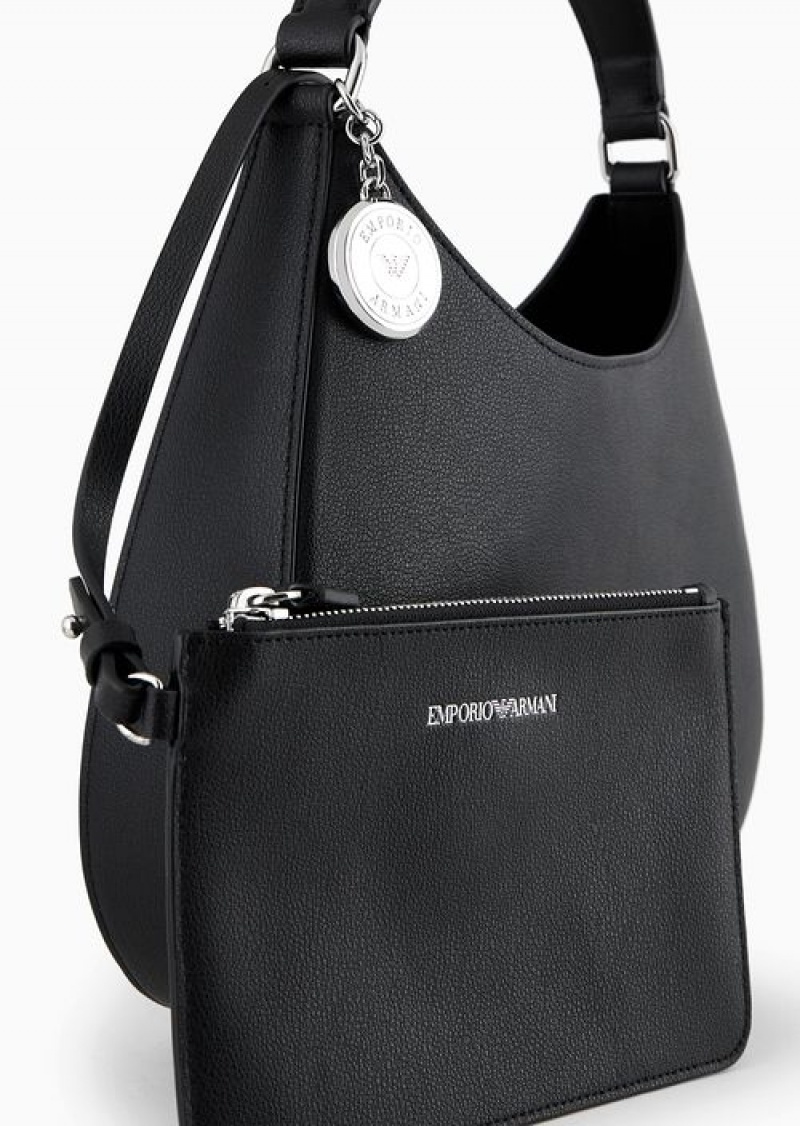 Black Emporio Armani Armani Sustainability Values Micro-grain Recycled Leather Hobo Bag | EA-SN57383