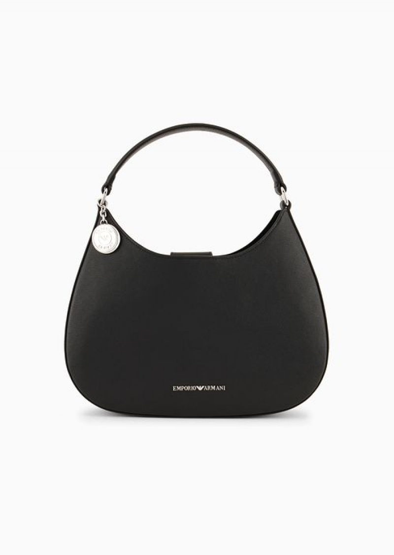 Black Emporio Armani Armani Sustainability Values Micro-grain Recycled Leather Hobo Bag | EA-SN57383