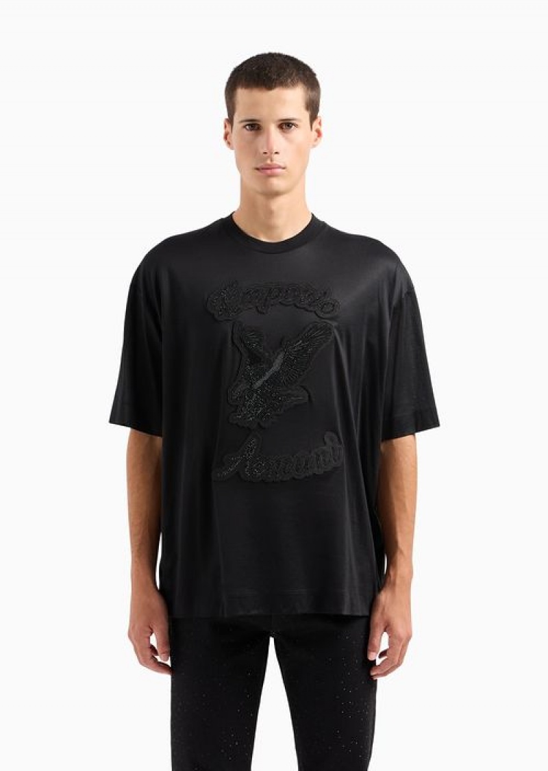 Black Emporio Armani Asv Clubwear Oversize T-shirt In Lyocell-blend Jersey With Rhinestone Patch And Embroidery | EA-SN58763