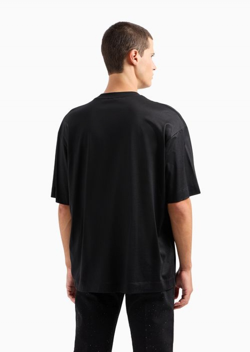 Black Emporio Armani Asv Clubwear Oversize T-shirt In Lyocell-blend Jersey With Rhinestone Patch And Embroidery | EA-SN58763