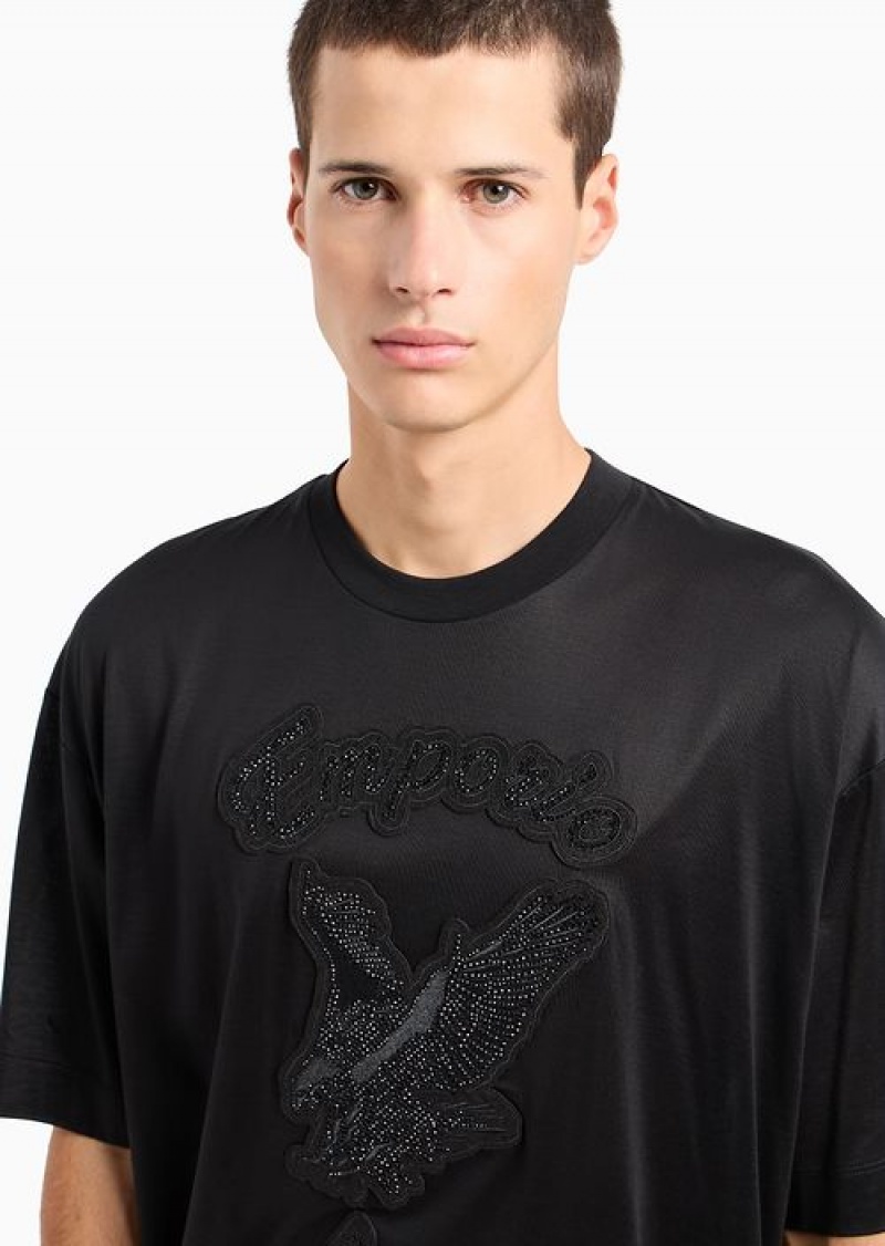 Black Emporio Armani Asv Clubwear Oversize T-shirt In Lyocell-blend Jersey With Rhinestone Patch And Embroidery | EA-SN58763