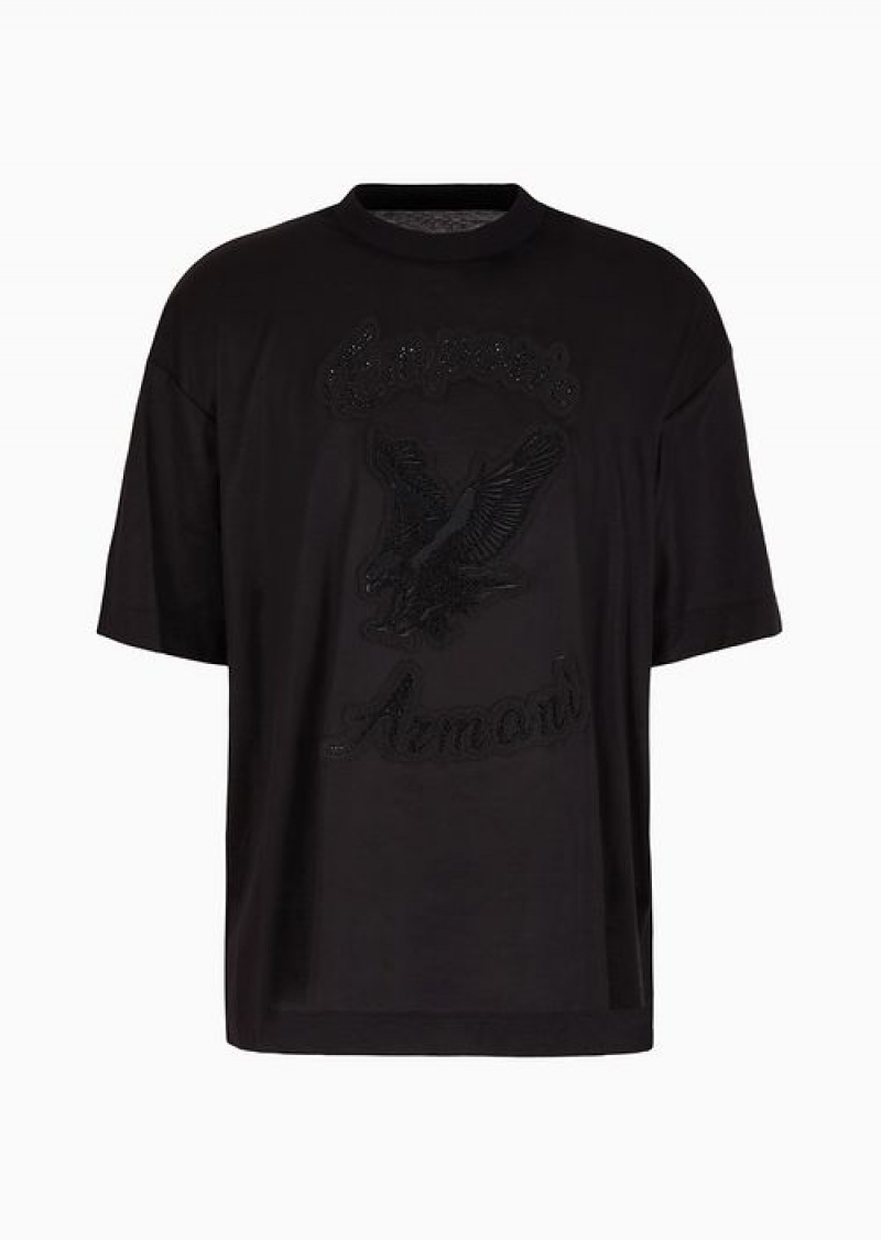 Black Emporio Armani Asv Clubwear Oversize T-shirt In Lyocell-blend Jersey With Rhinestone Patch And Embroidery | EA-SN58763