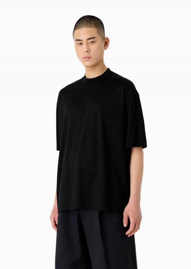 Black Emporio Armani Asv Clubwear Oversize T-shirt In Lyocell-blend Jersey With Rhinestones | EA-SN58764