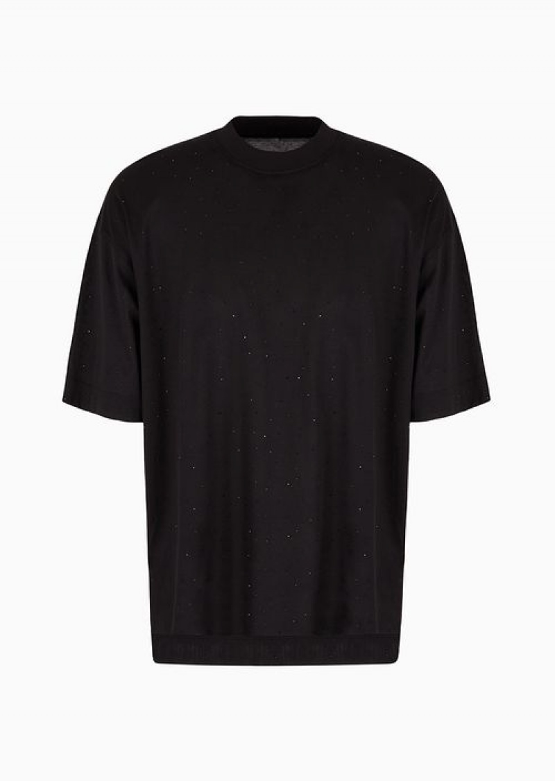 Black Emporio Armani Asv Clubwear Oversize T-shirt In Lyocell-blend Jersey With Rhinestones | EA-SN58764