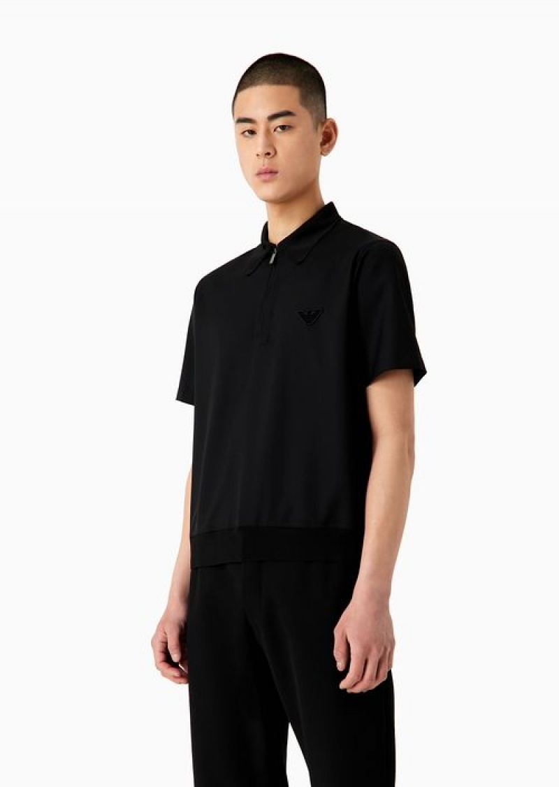 Black Emporio Armani Asv E_performance Virgin-wool Zip-up Jumper With Polo-shirt Collar | EA-SN57876