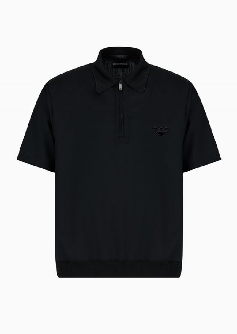 Black Emporio Armani Asv E_performance Virgin-wool Zip-up Jumper With Polo-shirt Collar | EA-SN57876