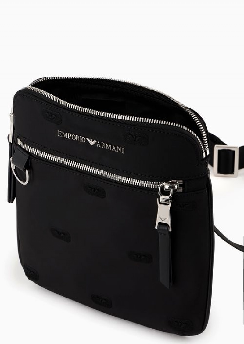 Black Emporio Armani Asv Flat Crossbody Bag In Recycled Nylon With All-over Eagle Stamp Embroidery | EA-SN59086