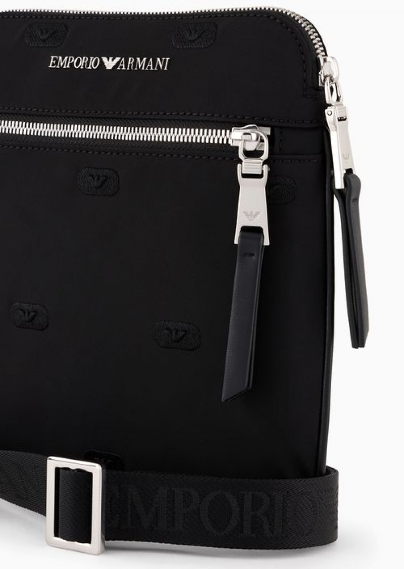 Black Emporio Armani Asv Flat Crossbody Bag In Recycled Nylon With All-over Eagle Stamp Embroidery | EA-SN59086