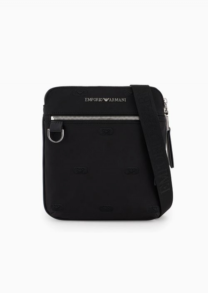 Black Emporio Armani Asv Flat Crossbody Bag In Recycled Nylon With All-over Eagle Stamp Embroidery | EA-SN59086