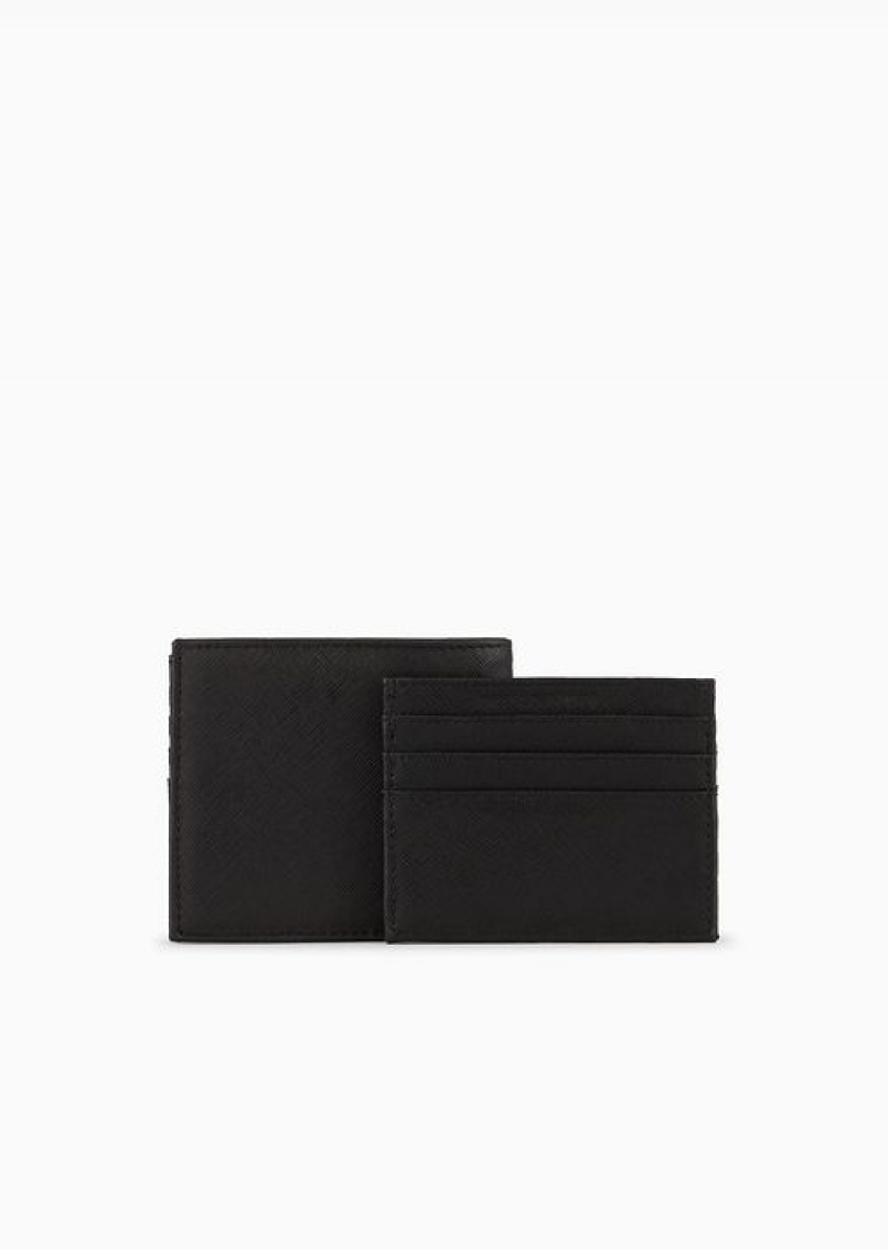 Black Emporio Armani Asv Gift Box Containing Regenerated Saffiano Leather Wallet And Card Holder With Eagle Plate | EA-SN59318