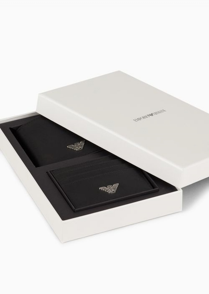 Black Emporio Armani Asv Gift Box Containing Regenerated Saffiano Leather Wallet And Card Holder With Eagle Plate | EA-SN59318