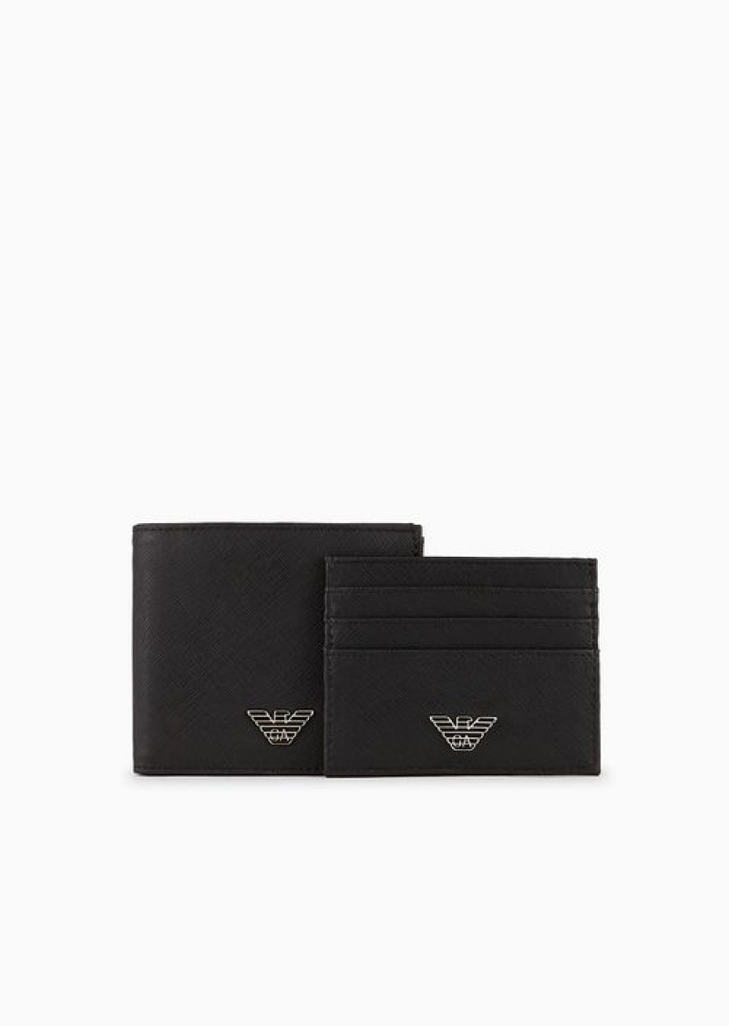 Black Emporio Armani Asv Gift Box Containing Regenerated Saffiano Leather Wallet And Card Holder With Eagle Plate | EA-SN59318