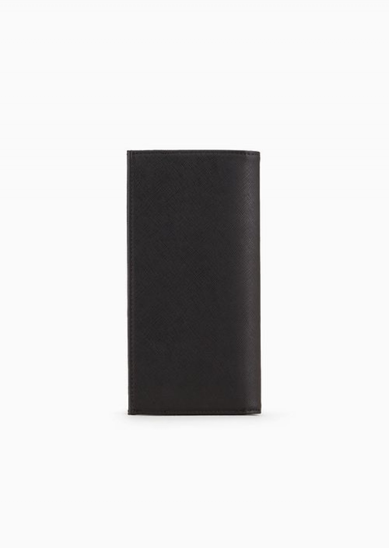 Black Emporio Armani Asv Large Currency Holder In Regenerated Saffiano Leather With Eagle Plate | EA-SN59311