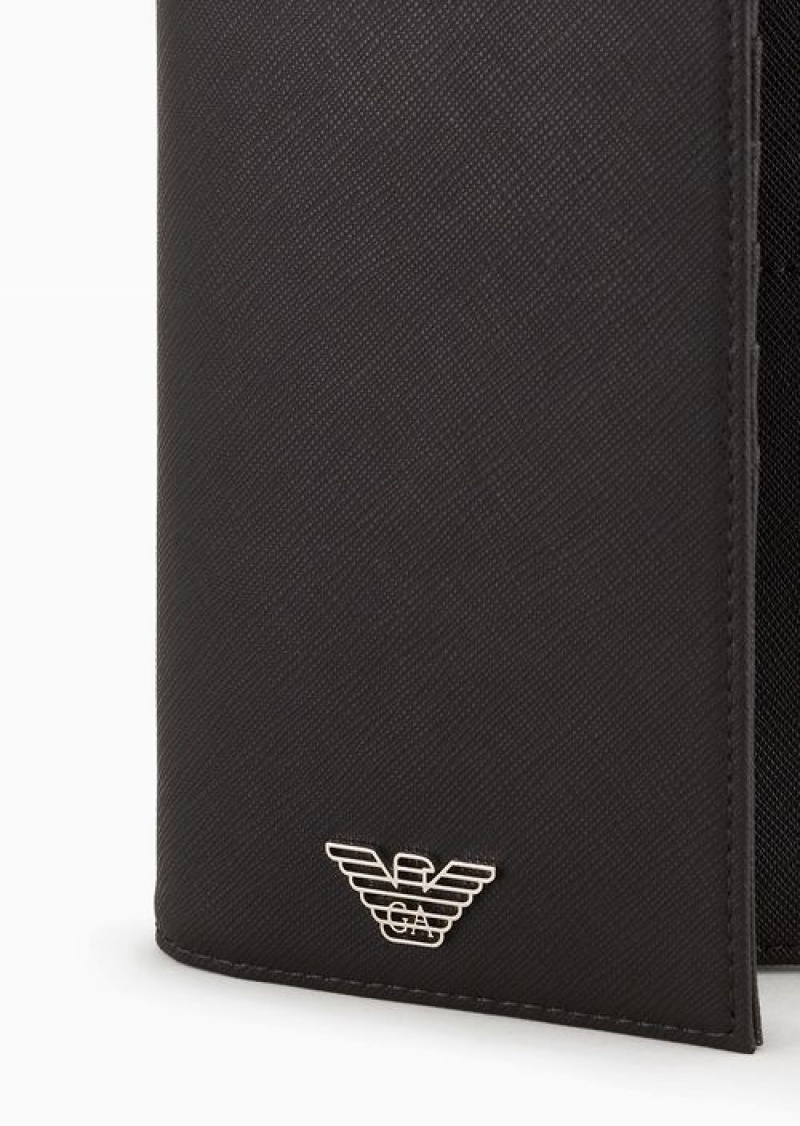 Black Emporio Armani Asv Large Currency Holder In Regenerated Saffiano Leather With Eagle Plate | EA-SN59311