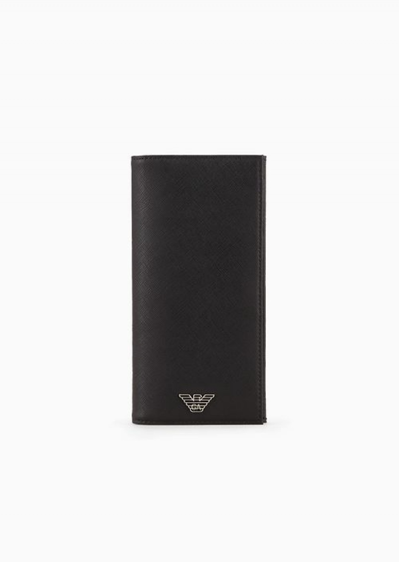 Black Emporio Armani Asv Large Currency Holder In Regenerated Saffiano Leather With Eagle Plate | EA-SN59311