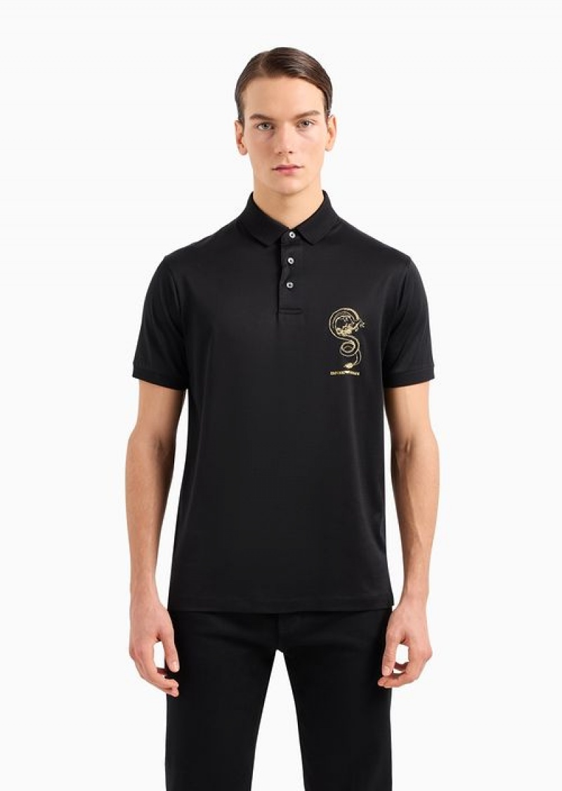 Black Emporio Armani Asv Lunar New Year Lyocell-blend Jersey Polo Shirt With Dragon Embroidery | EA-SN58472