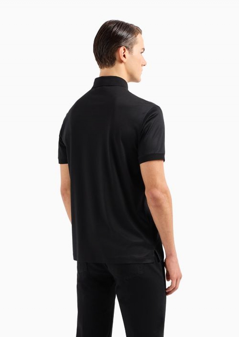 Black Emporio Armani Asv Lunar New Year Lyocell-blend Jersey Polo Shirt With Dragon Embroidery | EA-SN58472