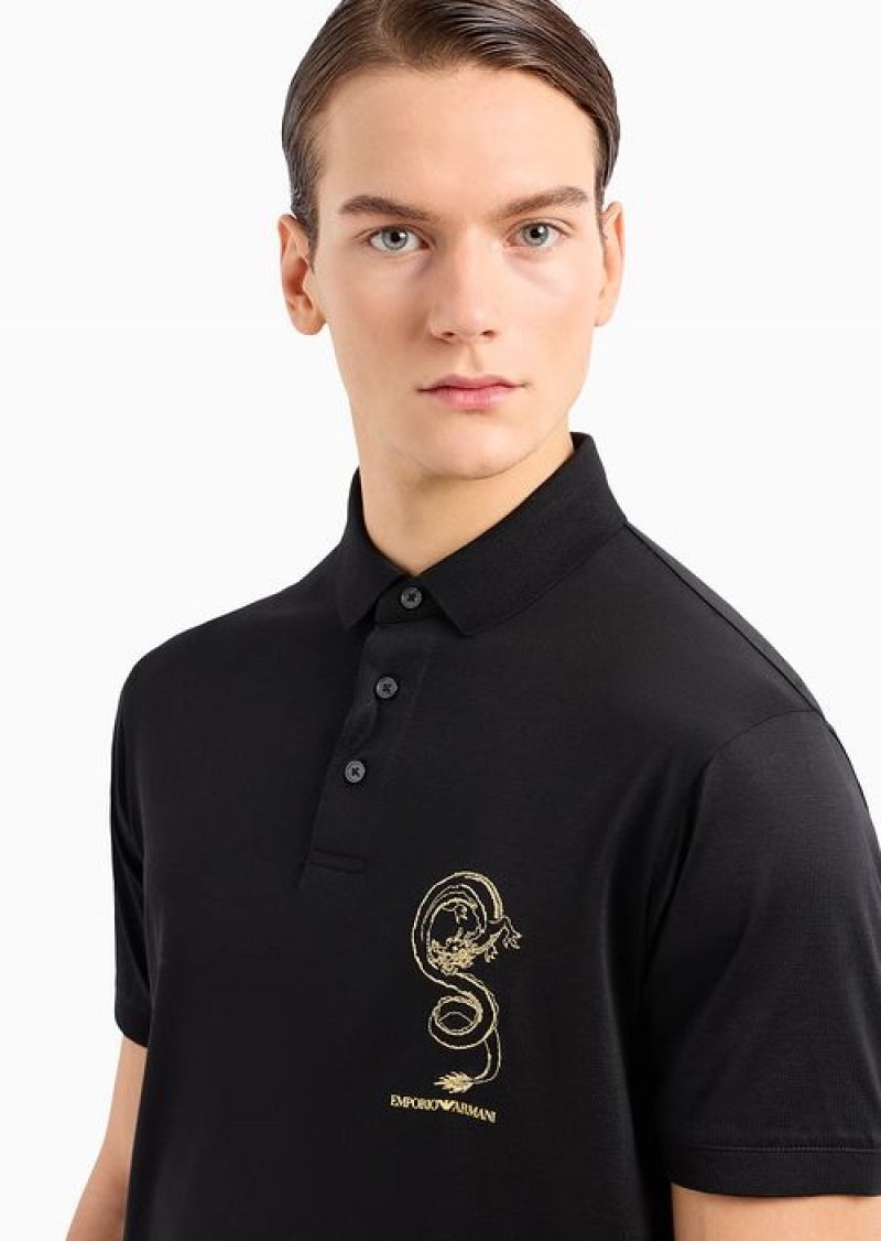 Black Emporio Armani Asv Lunar New Year Lyocell-blend Jersey Polo Shirt With Dragon Embroidery | EA-SN58472