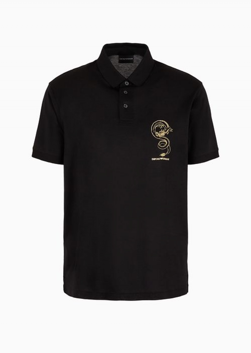 Black Emporio Armani Asv Lunar New Year Lyocell-blend Jersey Polo Shirt With Dragon Embroidery | EA-SN58472