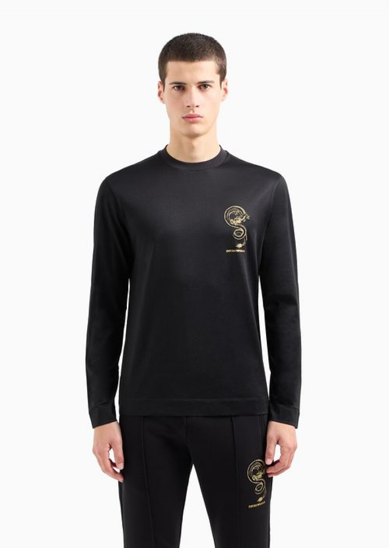 Black Emporio Armani Asv Lunar New Year Lyocell-blend Jersey Sweater With Dragon Embroidery | EA-SN58768