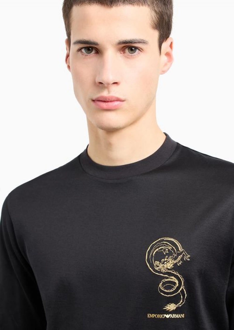 Black Emporio Armani Asv Lunar New Year Lyocell-blend Jersey Sweater With Dragon Embroidery | EA-SN58768