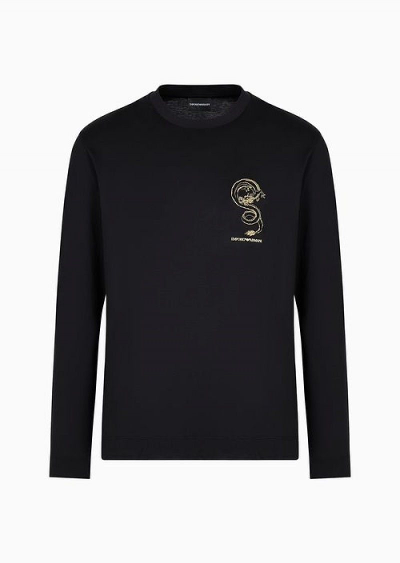 Black Emporio Armani Asv Lunar New Year Lyocell-blend Jersey Sweater With Dragon Embroidery | EA-SN58768