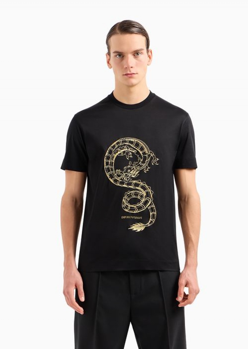 Black Emporio Armani Asv Lunar New Year Lyocell-blend Jersey T-shirt With Dragon Embroidery | EA-SN58773