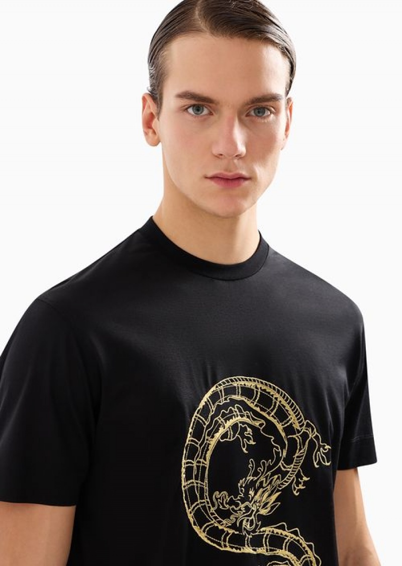 Black Emporio Armani Asv Lunar New Year Lyocell-blend Jersey T-shirt With Dragon Embroidery | EA-SN58773