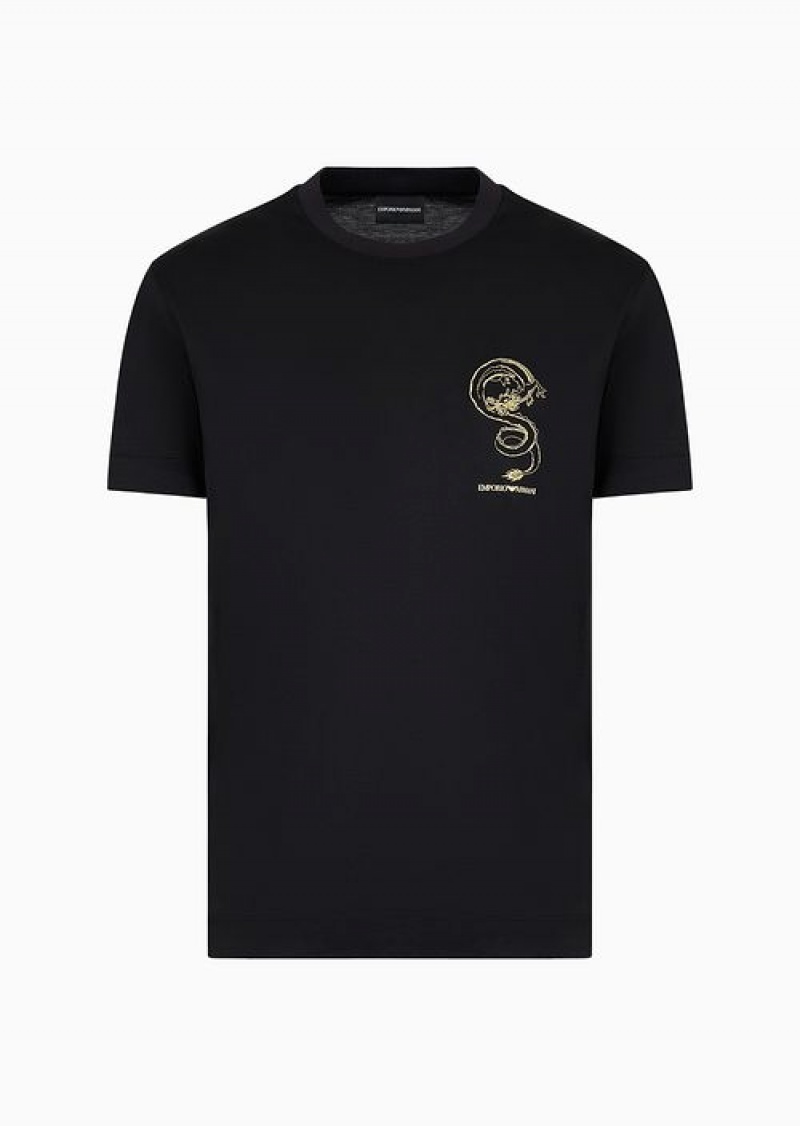 Black Emporio Armani Asv Lunar New Year Lyocell-blend Jersey T-shirt With Dragon Embroidery | EA-SN58773