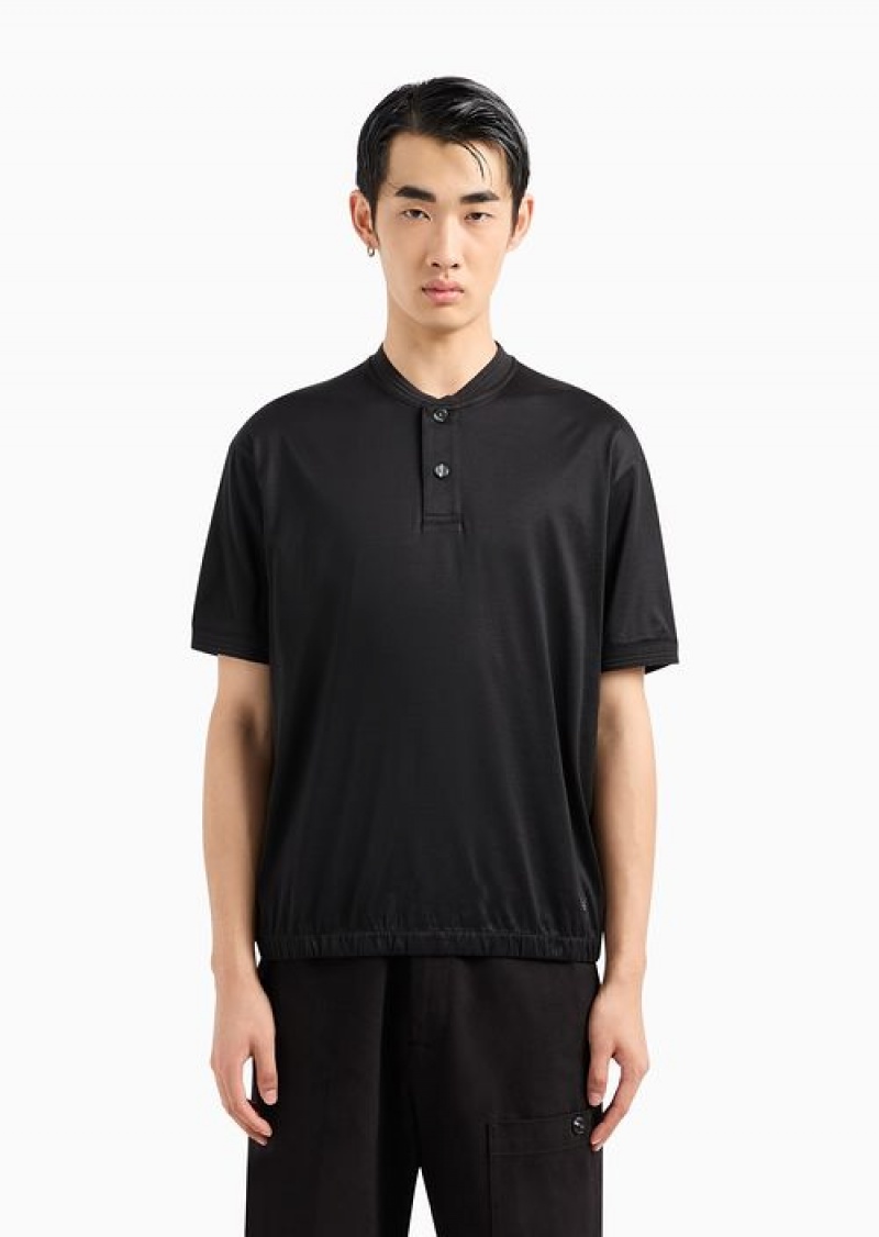 Black Emporio Armani Asv Lyocell-blend Jersey T-shirt With Grandad Collar | EA-SN58435