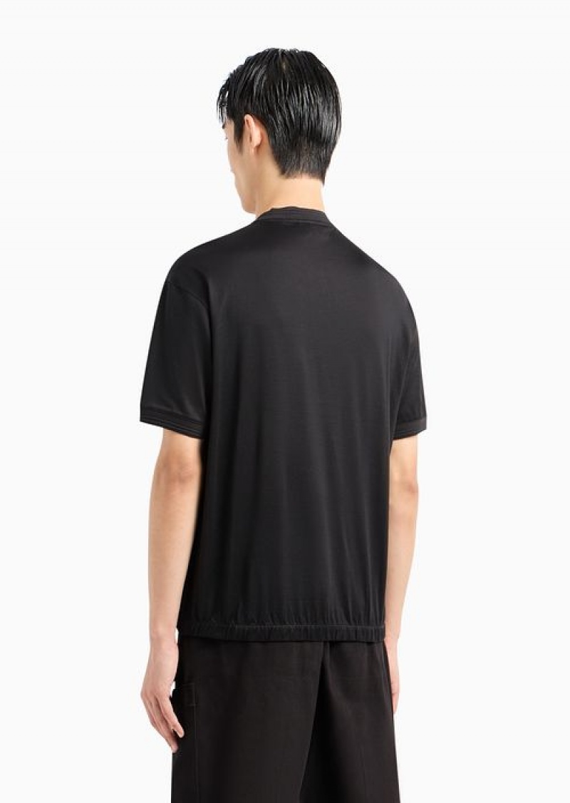 Black Emporio Armani Asv Lyocell-blend Jersey T-shirt With Grandad Collar | EA-SN58435