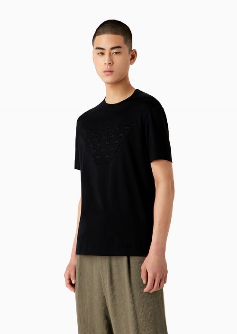 Black Emporio Armani Asv Lyocell-blend Jersey T-shirt With Embroidered Oversized Eagle With Internal Micro Eagles | EA-SN58594