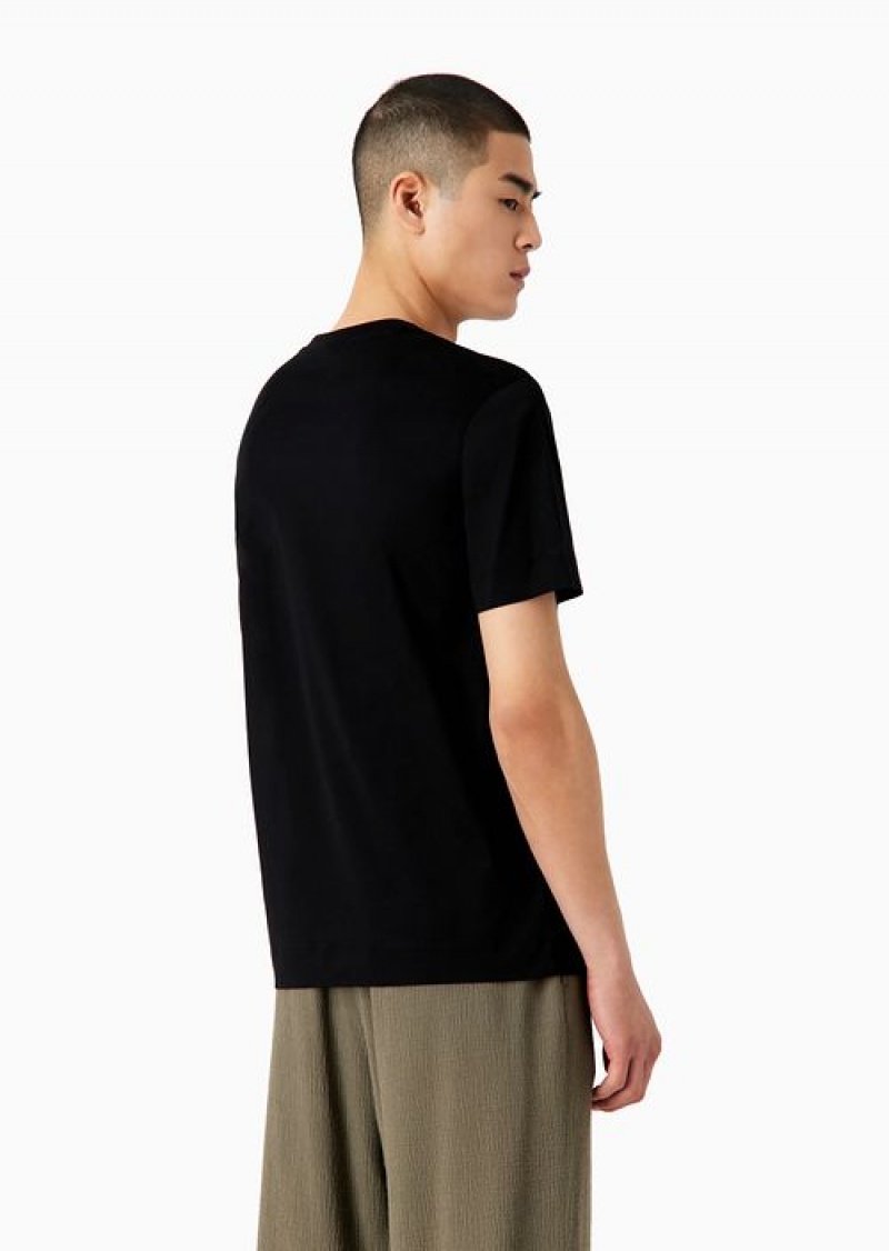 Black Emporio Armani Asv Lyocell-blend Jersey T-shirt With Embroidered Oversized Eagle With Internal Micro Eagles | EA-SN58594