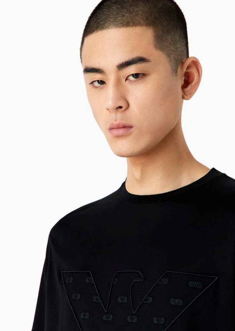 Black Emporio Armani Asv Lyocell-blend Jersey T-shirt With Embroidered Oversized Eagle With Internal Micro Eagles | EA-SN58594