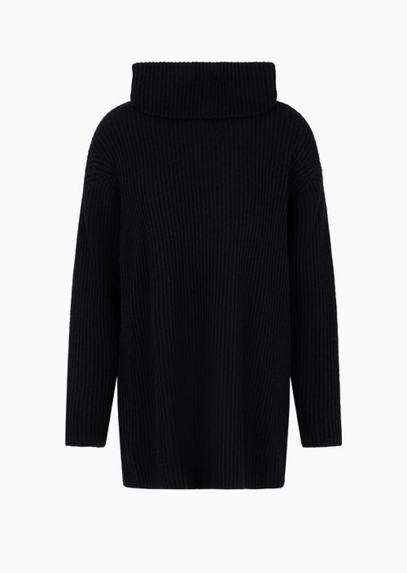 Black Emporio Armani Asv Oversized Cowl-neck Jumper In Cob-stitch Virgin Wool | EA-SN56650