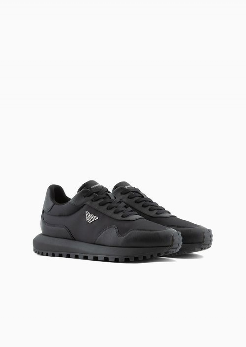 Black Emporio Armani Asv Recycled Nylon Sneakers With Regenerated Saffiano Details | EA-SN58945