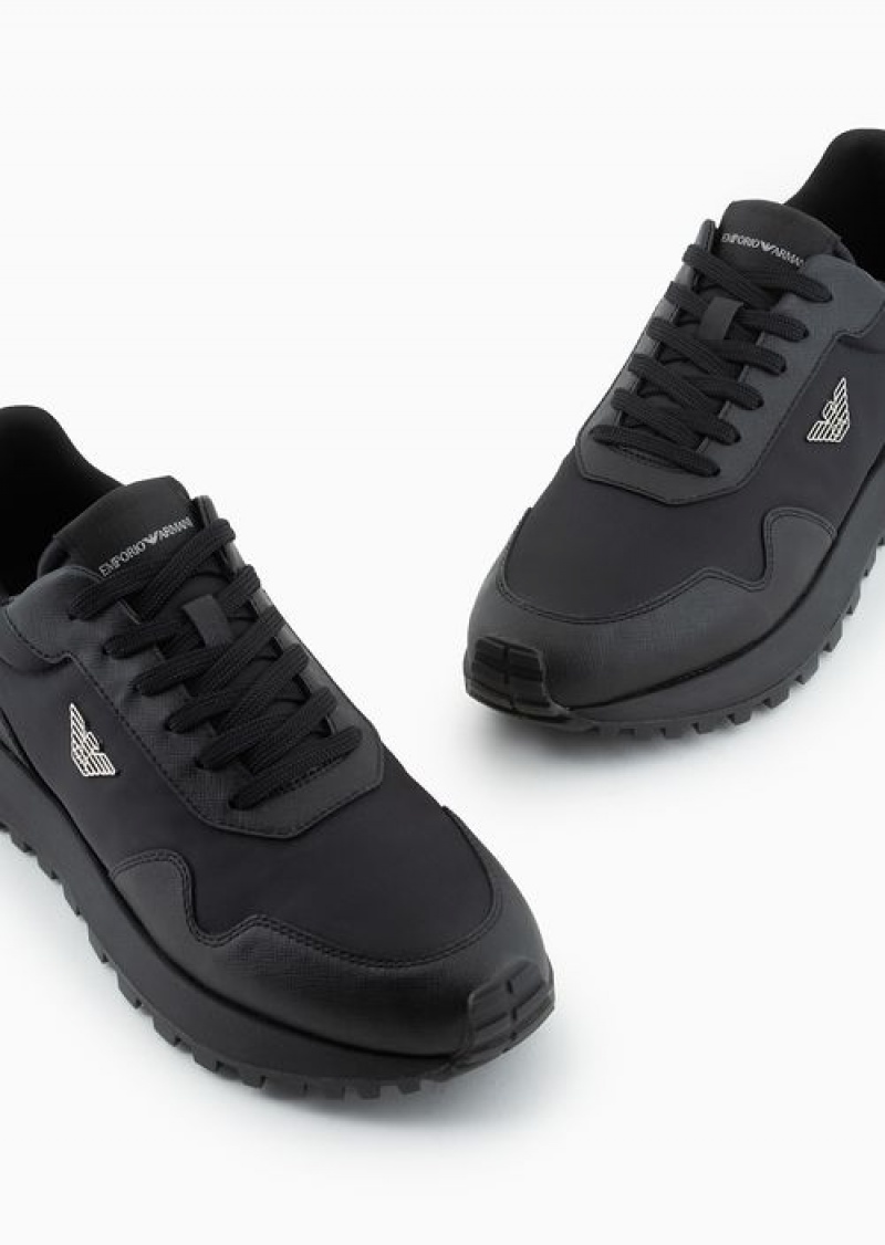 Black Emporio Armani Asv Recycled Nylon Sneakers With Regenerated Saffiano Details | EA-SN58945