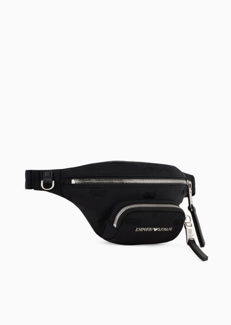 Black Emporio Armani Asv Recycled Nylon Belt Bag With All-over Eagle Stamp Embroidery | EA-SN59034