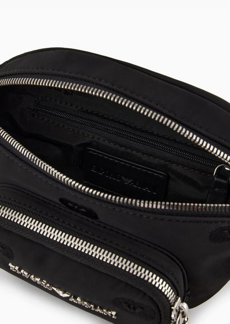 Black Emporio Armani Asv Recycled Nylon Belt Bag With All-over Eagle Stamp Embroidery | EA-SN59034