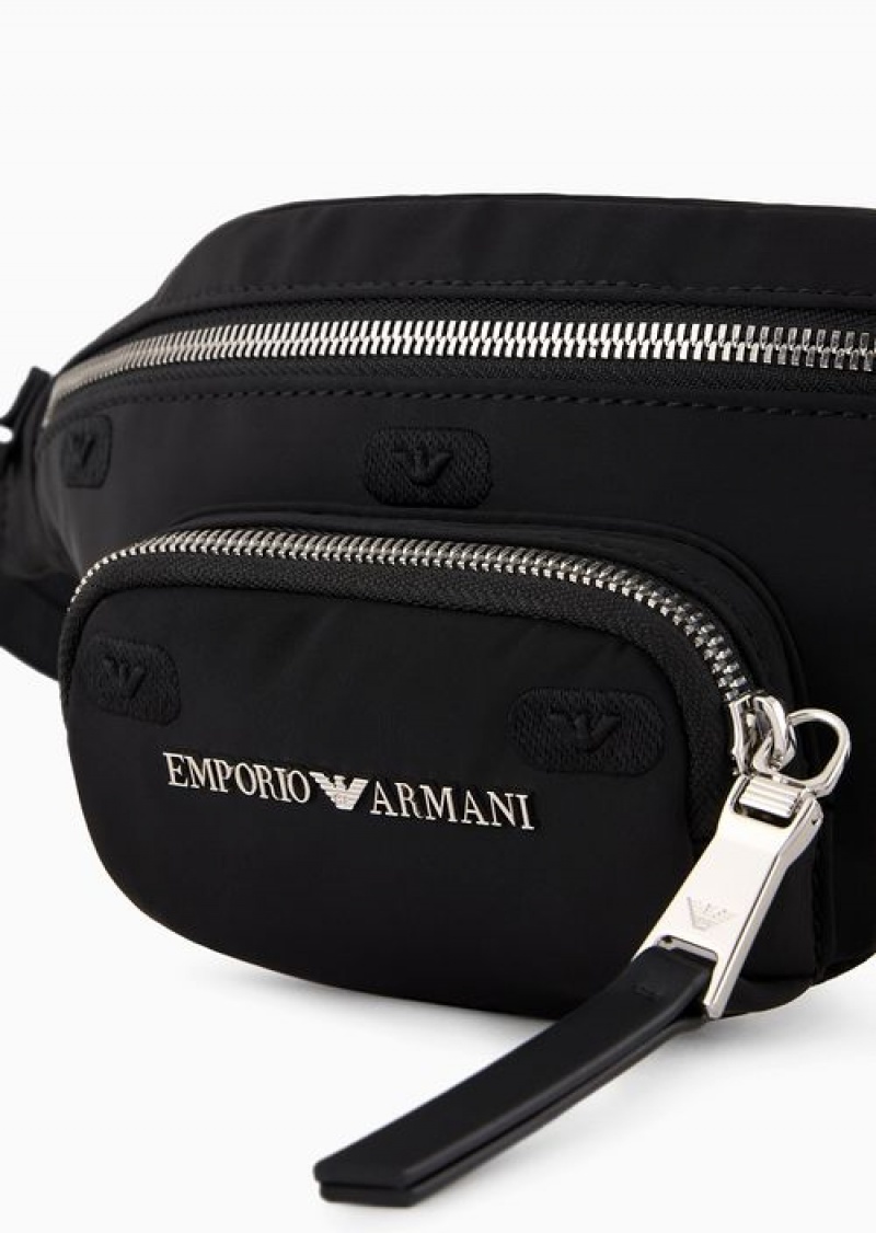 Black Emporio Armani Asv Recycled Nylon Belt Bag With All-over Eagle Stamp Embroidery | EA-SN59034