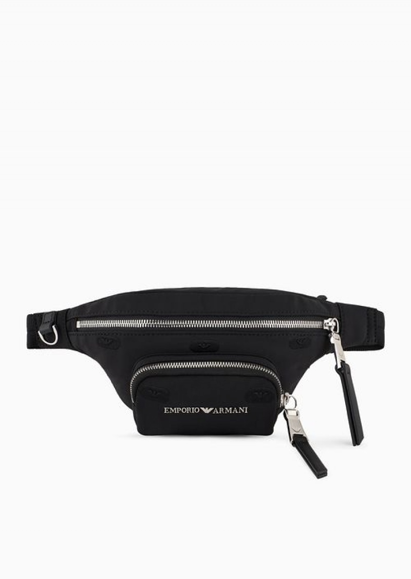 Black Emporio Armani Asv Recycled Nylon Belt Bag With All-over Eagle Stamp Embroidery | EA-SN59034