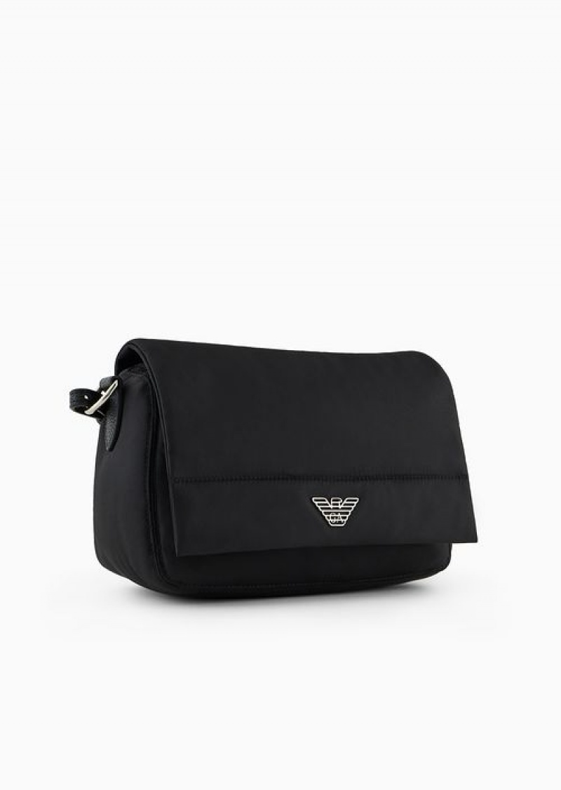 Black Emporio Armani Asv Recycled Nylon Shoulder Bag With Eagle Plaque | EA-SN57363