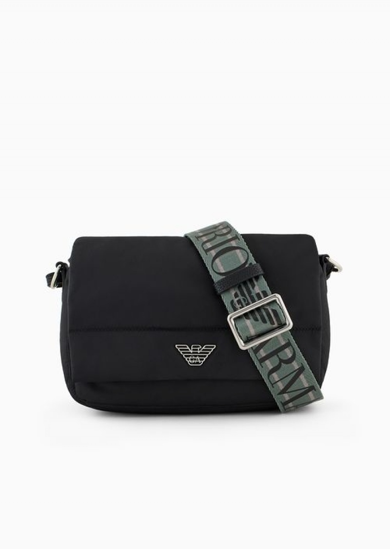 Black Emporio Armani Asv Recycled Nylon Shoulder Bag With Eagle Plaque | EA-SN57363