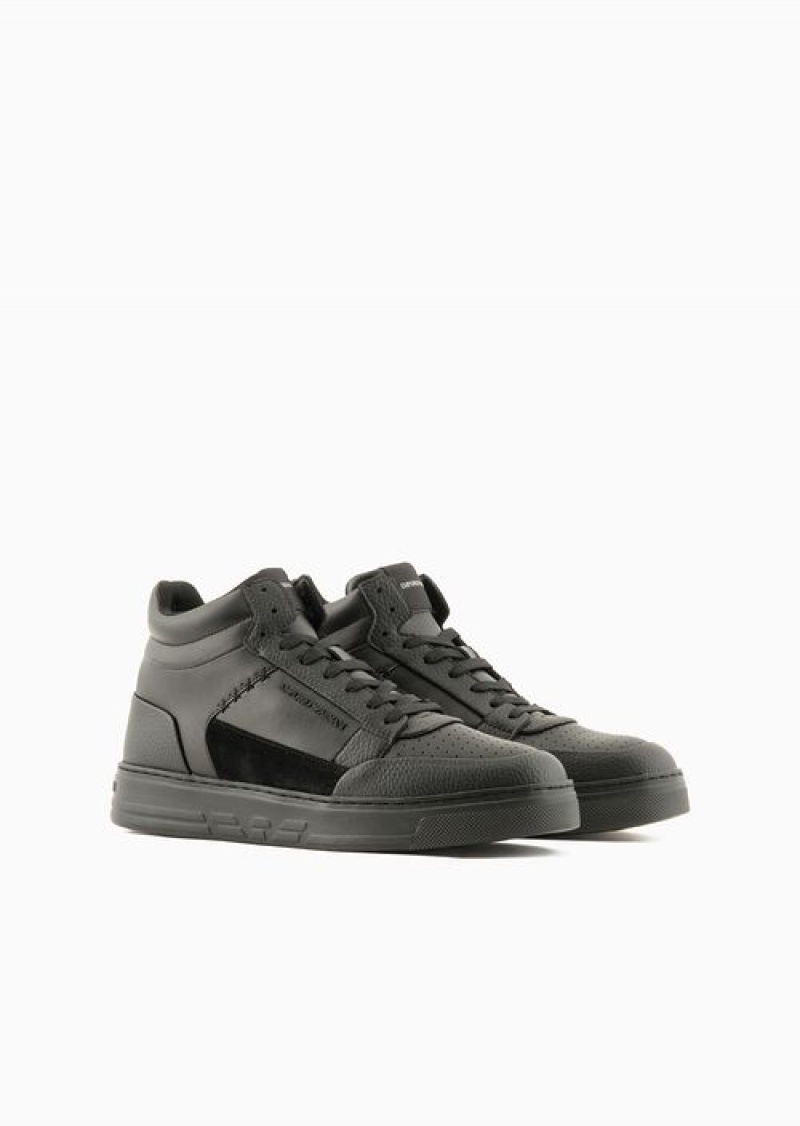 Black Emporio Armani Asv Regenerated Leather High-top Sneakers With Suede Detail | EA-SN58926