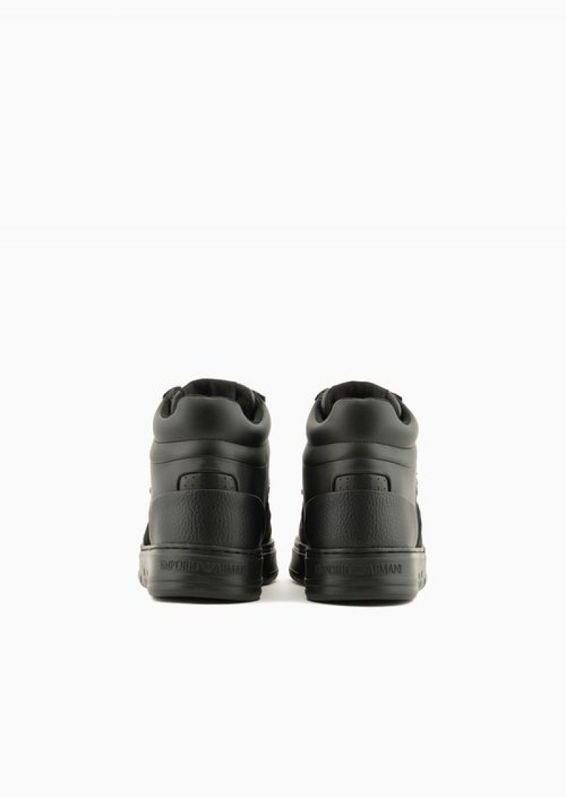 Black Emporio Armani Asv Regenerated Leather High-top Sneakers With Suede Detail | EA-SN58926