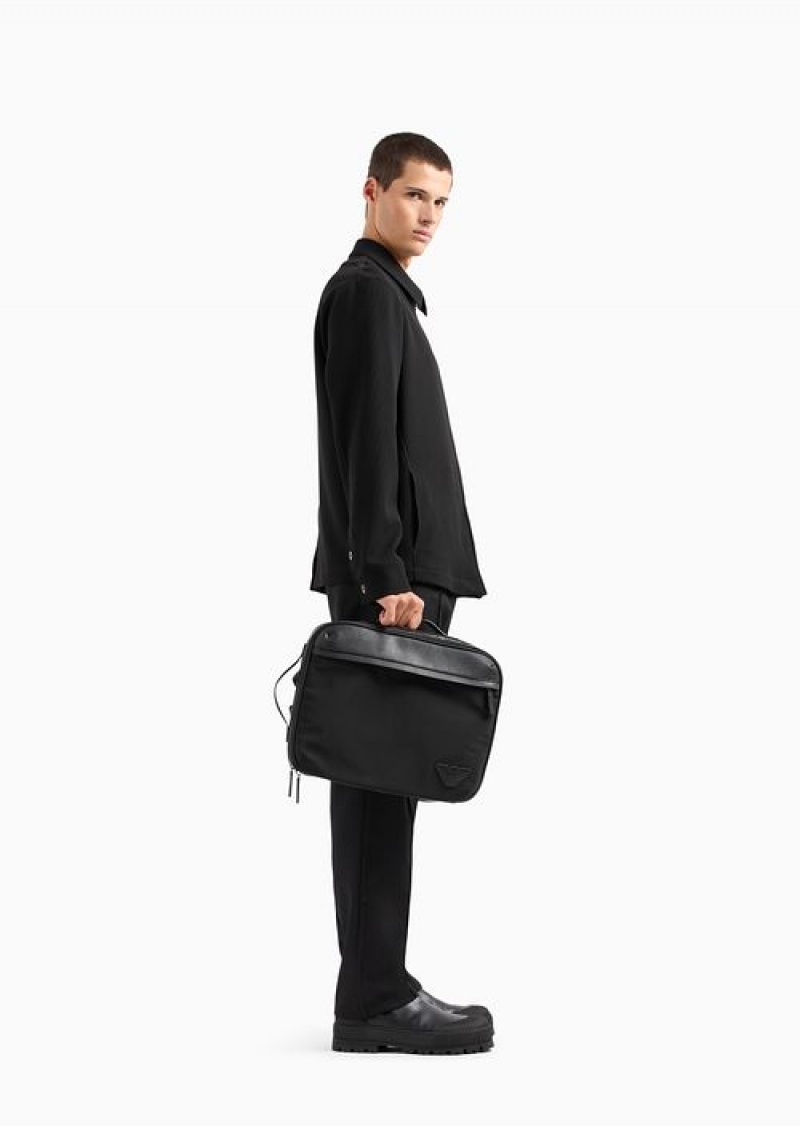 Black Emporio Armani Asv Regenerated Saffiano And Recycled Nylon Business Bag With Shoulder Straps | EA-SN59048