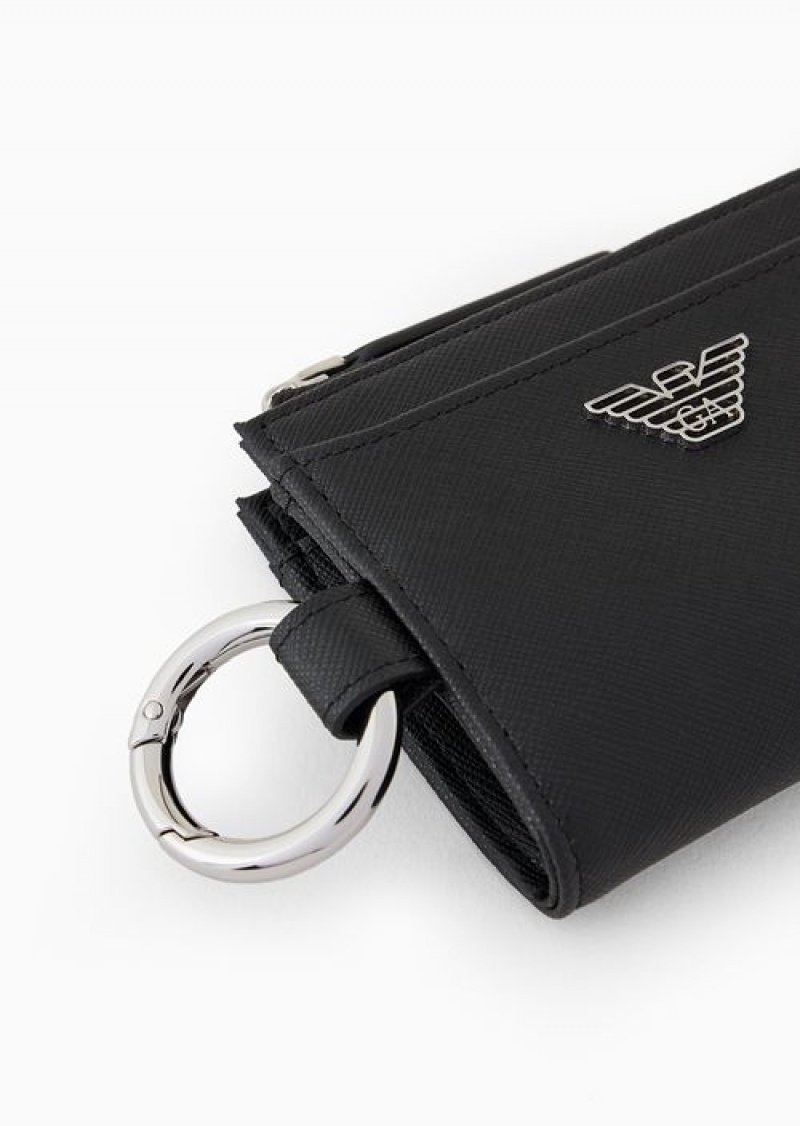 Black Emporio Armani Asv Regenerated Saffiano Leather Compact Wallet With Eagle Plate And Snap Hook | EA-SN59267