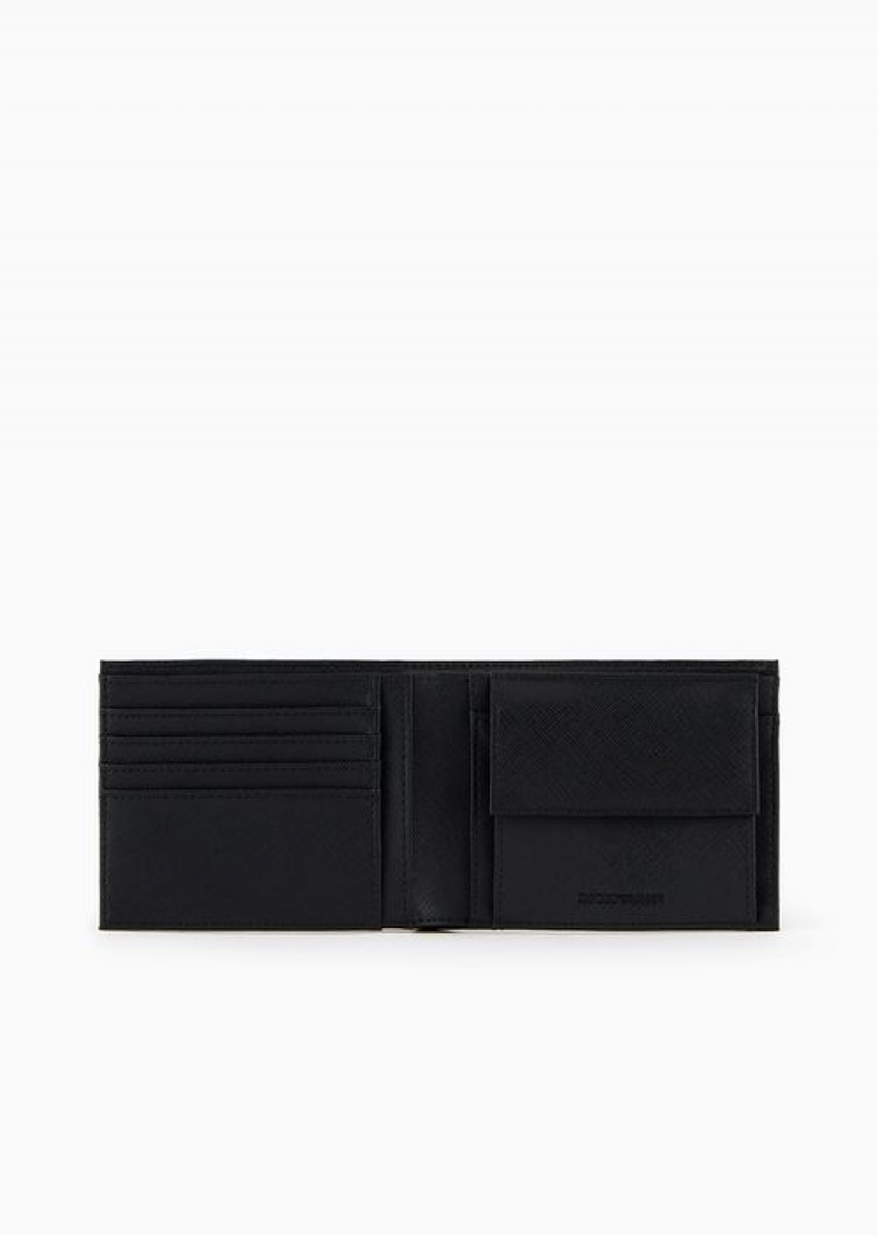 Black Emporio Armani Asv Regenerated Saffiano Leather Wallet With Graphic Design Eagle | EA-SN59303